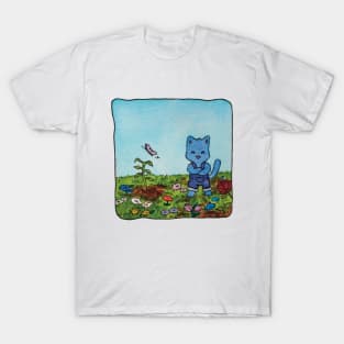 gardening cat garden flowers butterfly watercolor illustration T-Shirt